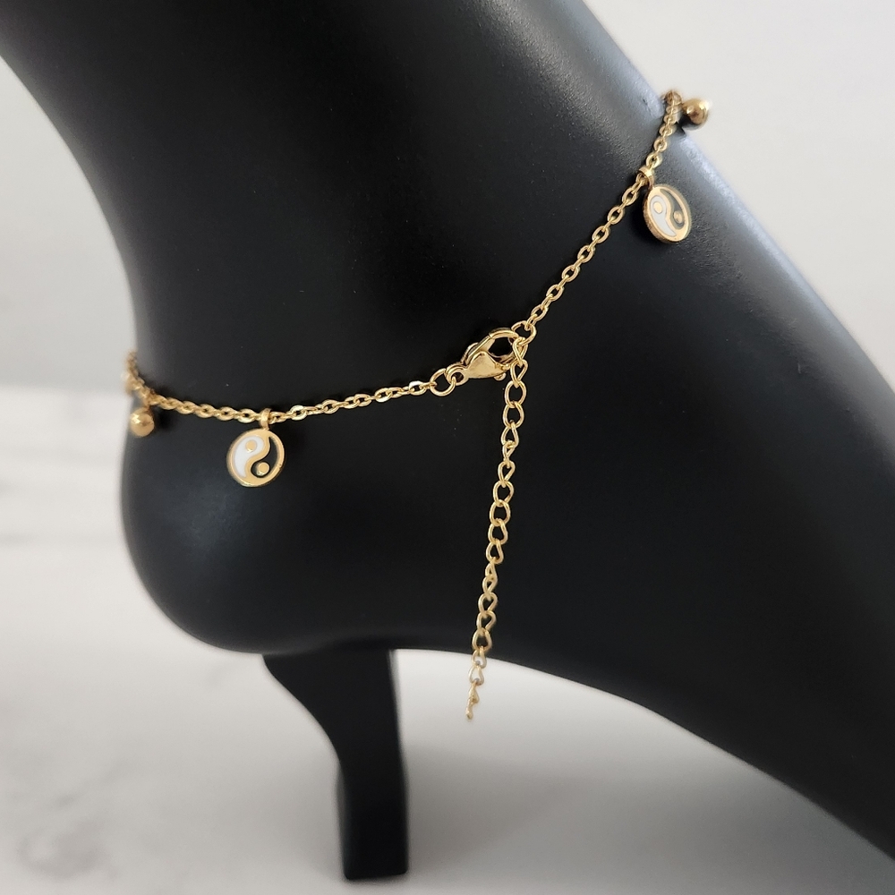 Gold Plated Yin Yang Anklet Adjustable Dainty Bracelet Minimalist Charm Jewelry - Picture 7 of 12